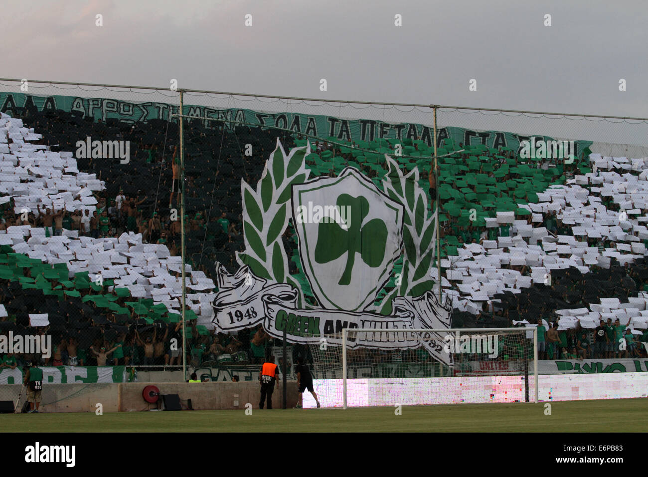 Nicosia, Cipro. 28 Agosto, 2014. Gli appassionati di Omonoia durante l'Europa League play-off seconda gamba partita di calcio contro la dinamo Moskva a GSP stadium di Nicosia, Cipro, giovedì 28 agosto, 2014 Credit: Yiannis Kourtoglou/Alamy Live News Foto Stock