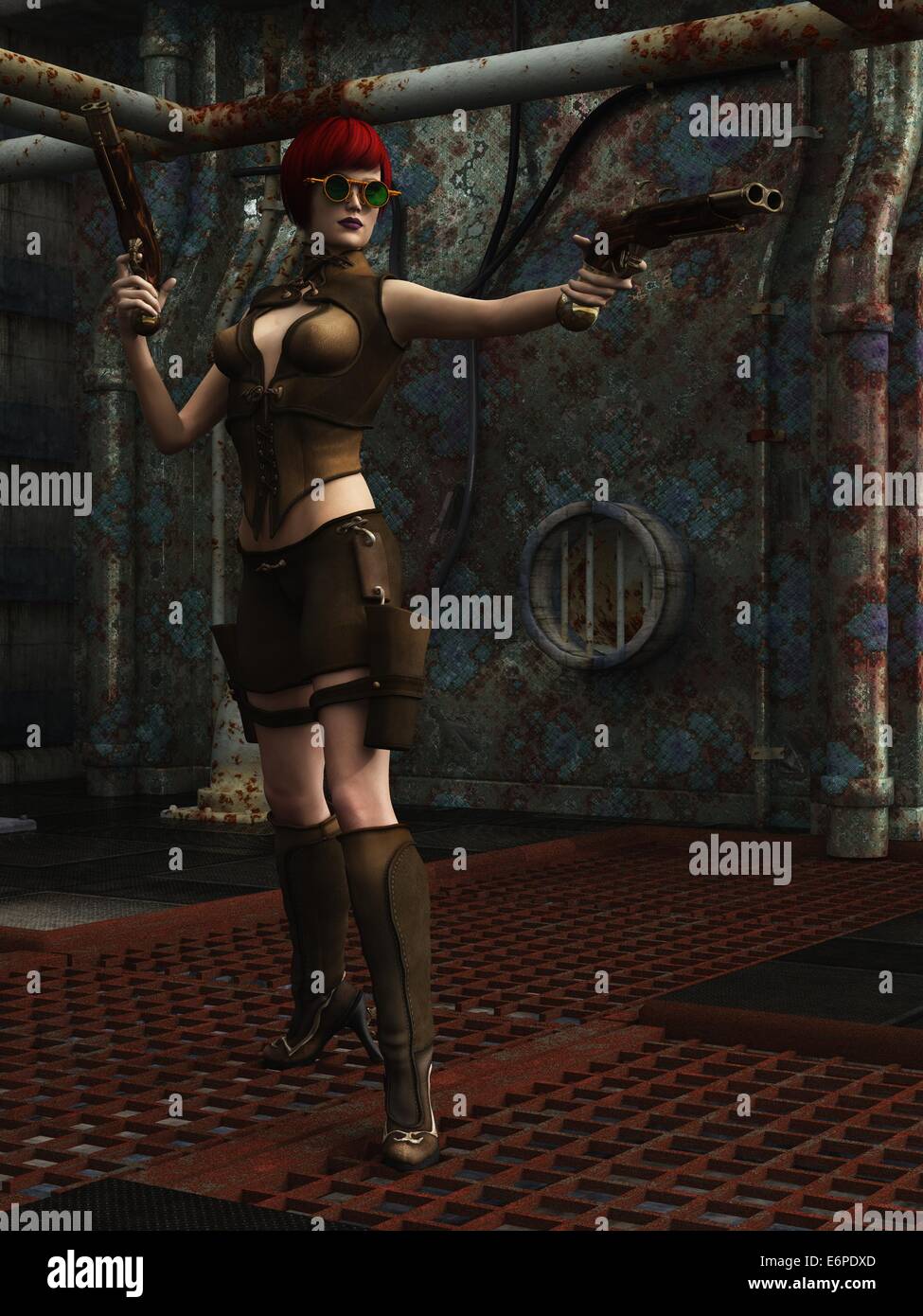 Steampunk warrior girl in fabbrica dystopian Foto Stock