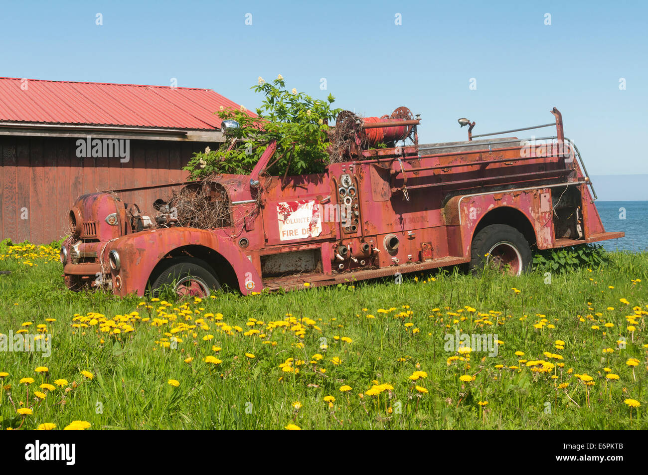 Elk203-4486 Canada, British Columbia, Haida Gwaii, Skidegate, vintage camion dei pompieri Foto Stock