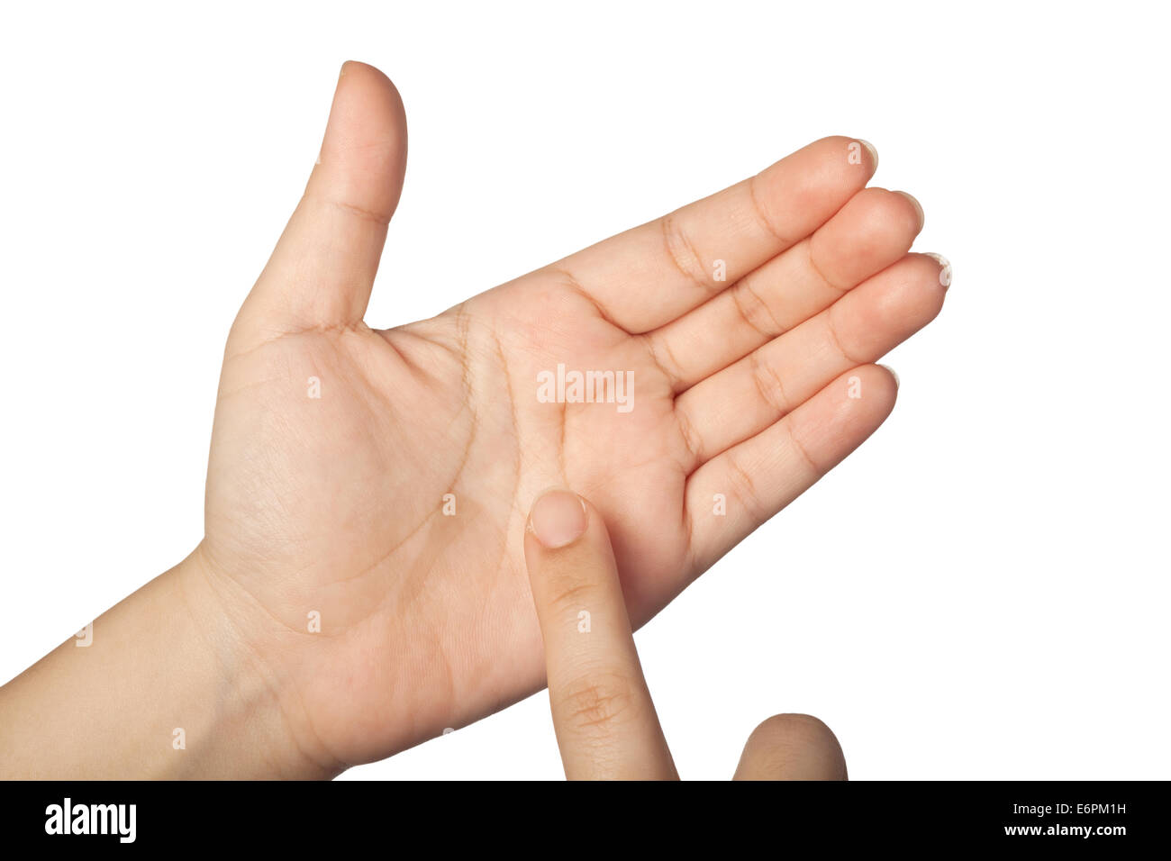 Mani con un immaginario smartphone isolati su sfondo bianco Foto Stock