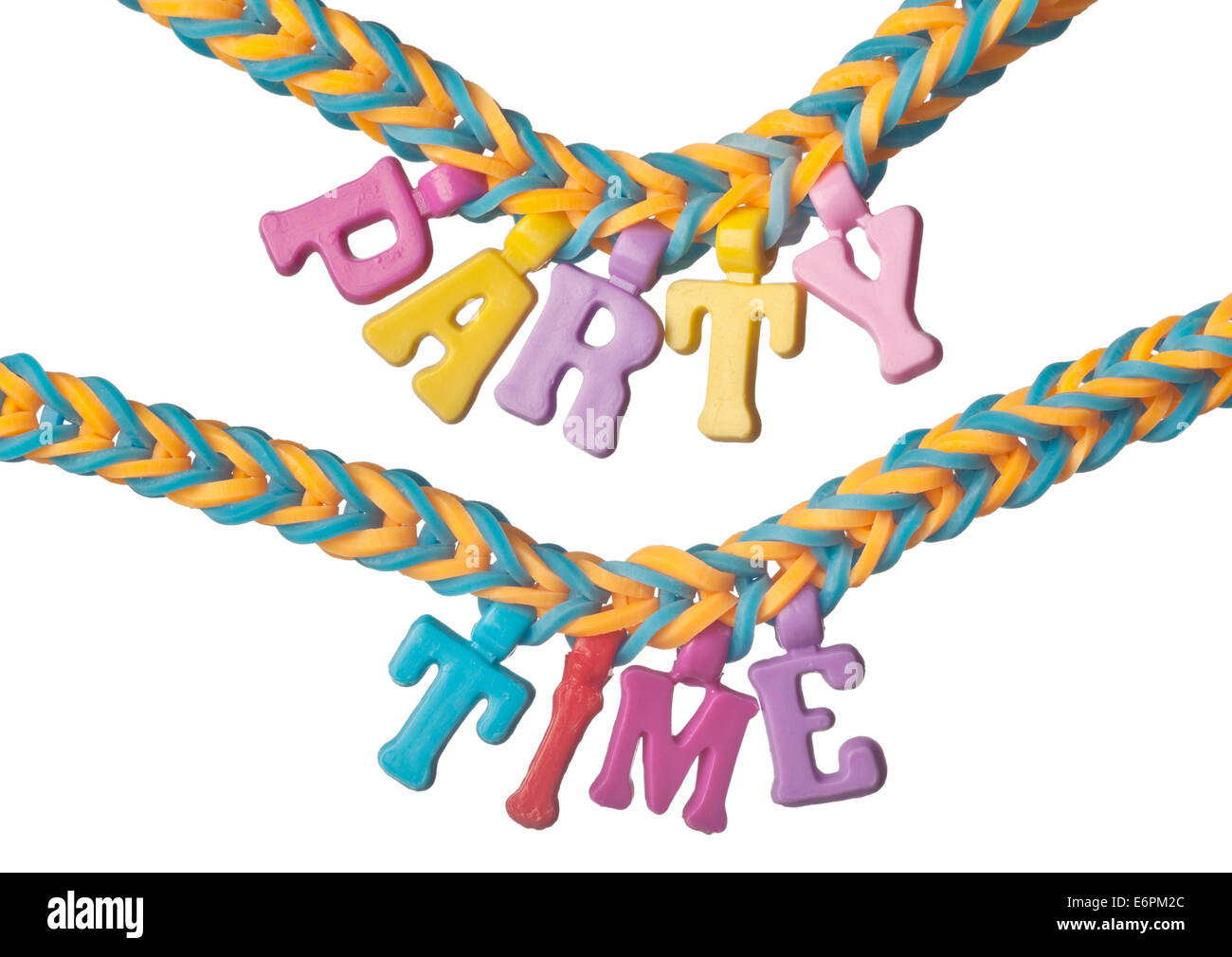 Gomma colorata band bracciale con le parole il tempo del partito isolato su sfondo bianco Foto Stock