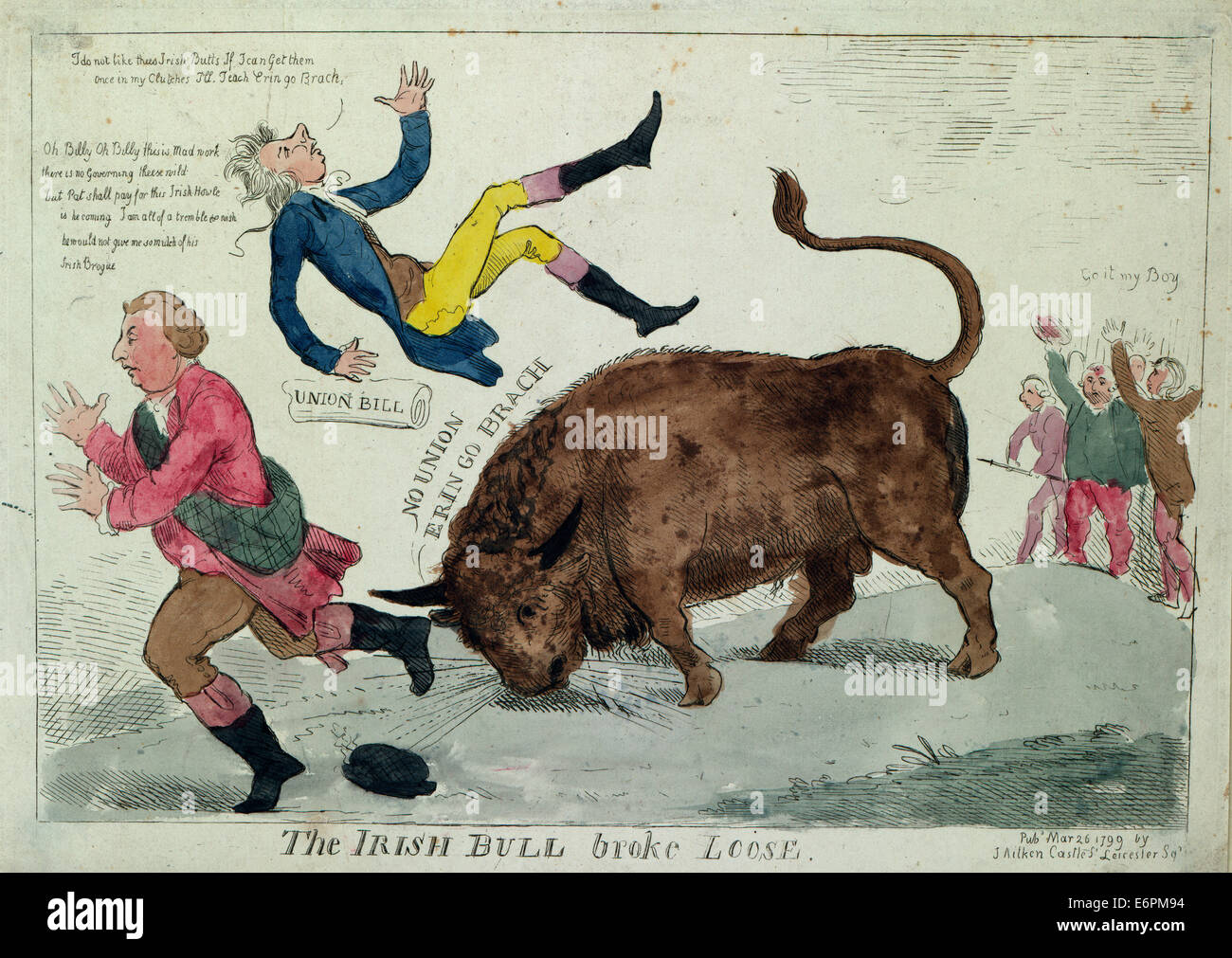 La Irish bull degenerï - Sommario: Stampa Mostra Irish Bull' tossing William Pitt in aria e in procinto di fare lo stesso al Signore Dundas che gira a sinistra; sulla destra, coloro che si oppongono alla Pitt's unione "Bill' fare il tifo per il toro, 'Go è il mio ragazzo.' Cartoon politico, 1799 Foto Stock