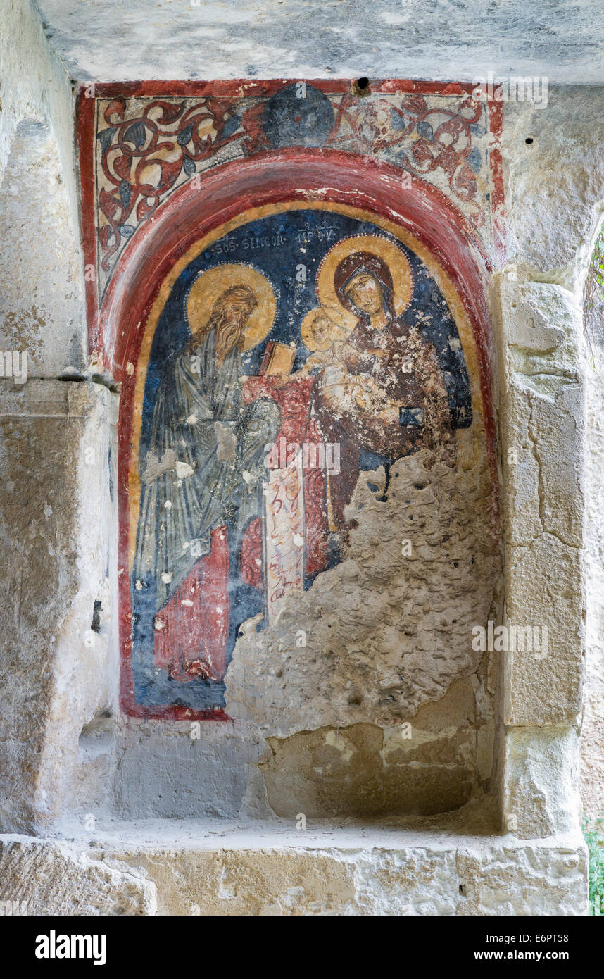 Maria e Gesù nel tempio, affresco XIII-XIV secolo, Chiesa rupestre, grotta chiesa, Chiese Rupestri, La Candelora Foto Stock