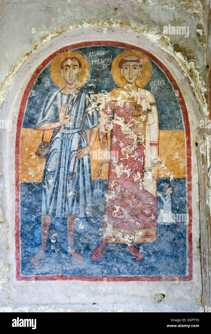 La Candelora, Adorazione dei due santi, affresco XIII-XIV secolo, Chiesa rupestre, grotta chiesa, Chiese Rupestri, La Candelora Foto Stock