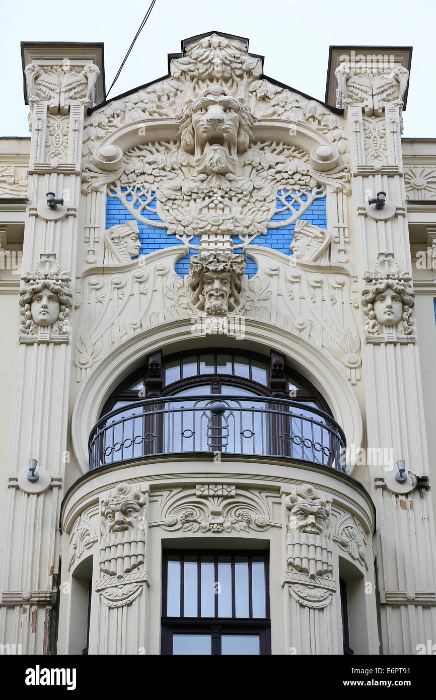 Art Nouveau facciata della casa Alberta iela 8 o di Albert Street 8, architetto Mikhail Eisenstein, Riga, Lettonia Foto Stock