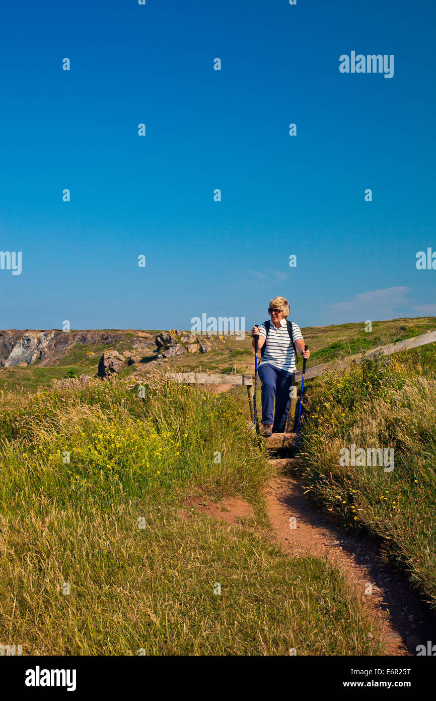 Il Sud Ovest sentiero costiero sopra Pentreath beach sulla penisola di Lizard in Cornovaglia Inghilterra, Regno Unito Foto Stock
