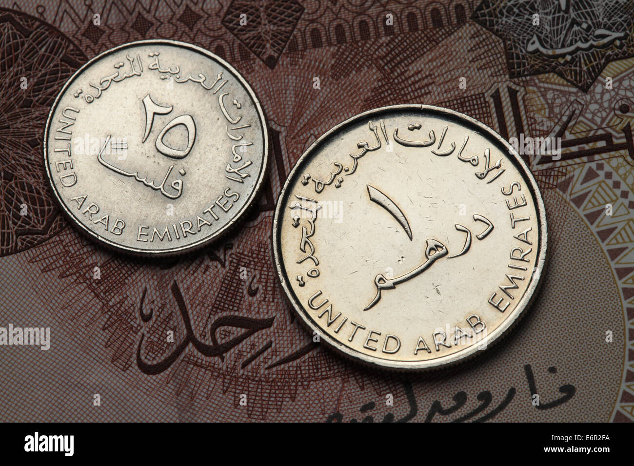 Monete degli Emirati Arabi Uniti. Emirati arabi uniti un dirham e venticinque fils monete. Foto Stock