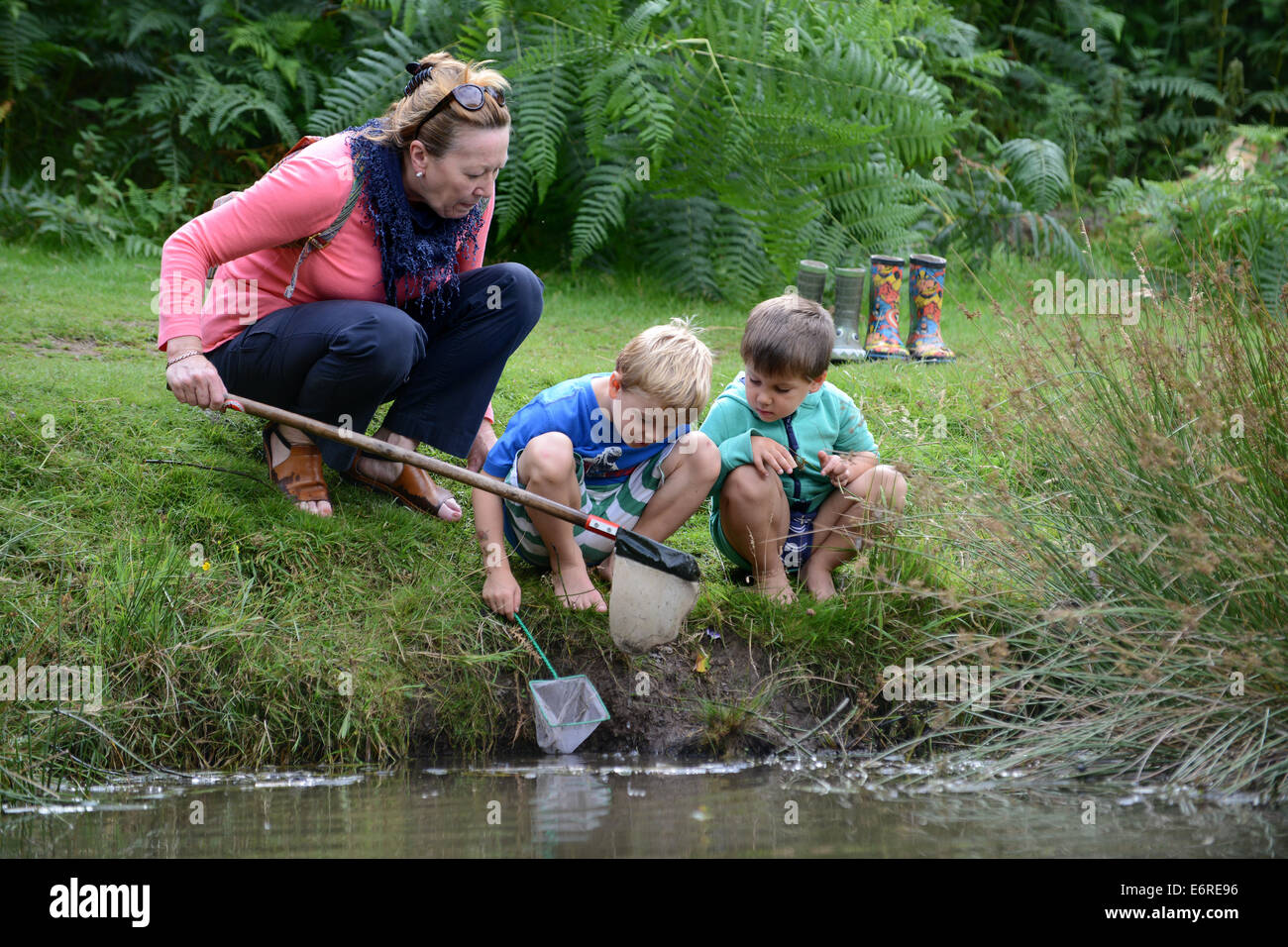 Madre di famiglia bambini bambino pond dipping Regno Unito Foto Stock