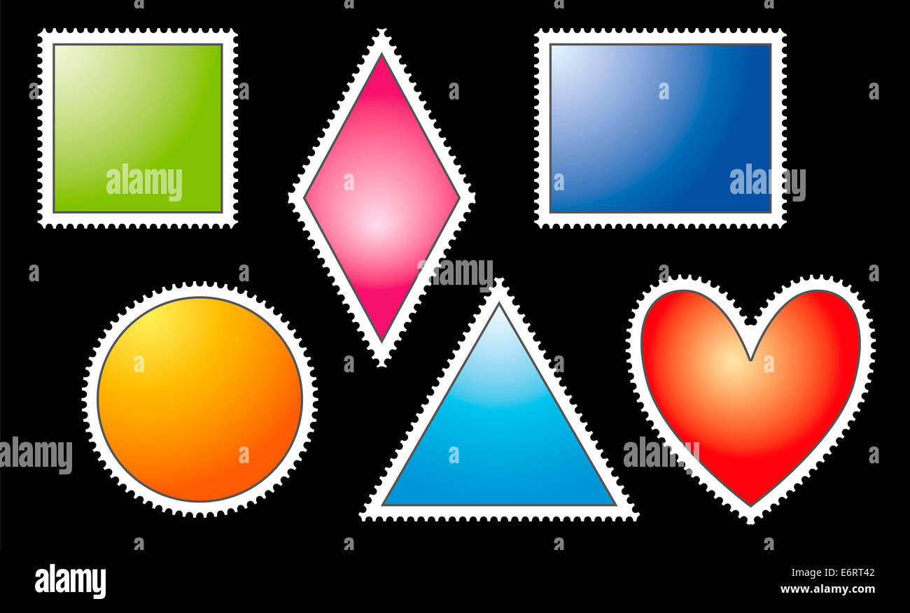 Variazioni colorate di francobolli a forma di quadrato, rombo, rettangolo, cerchio, triangolo e cuore su nero backgrou Foto Stock