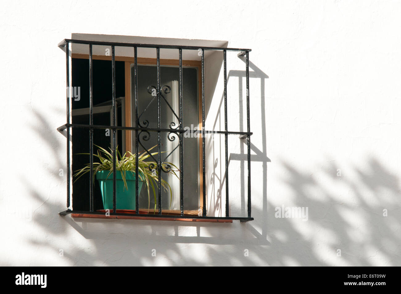 Villaggio bianco finestra sbarrata con impianto di pentola e ombre Foto Stock
