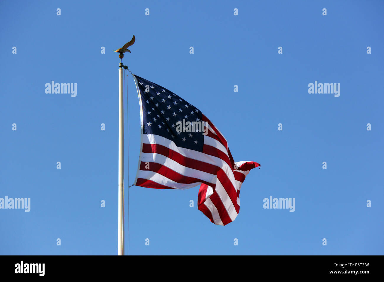 Bandiera americana a volare su un cielo blu. Foto Stock