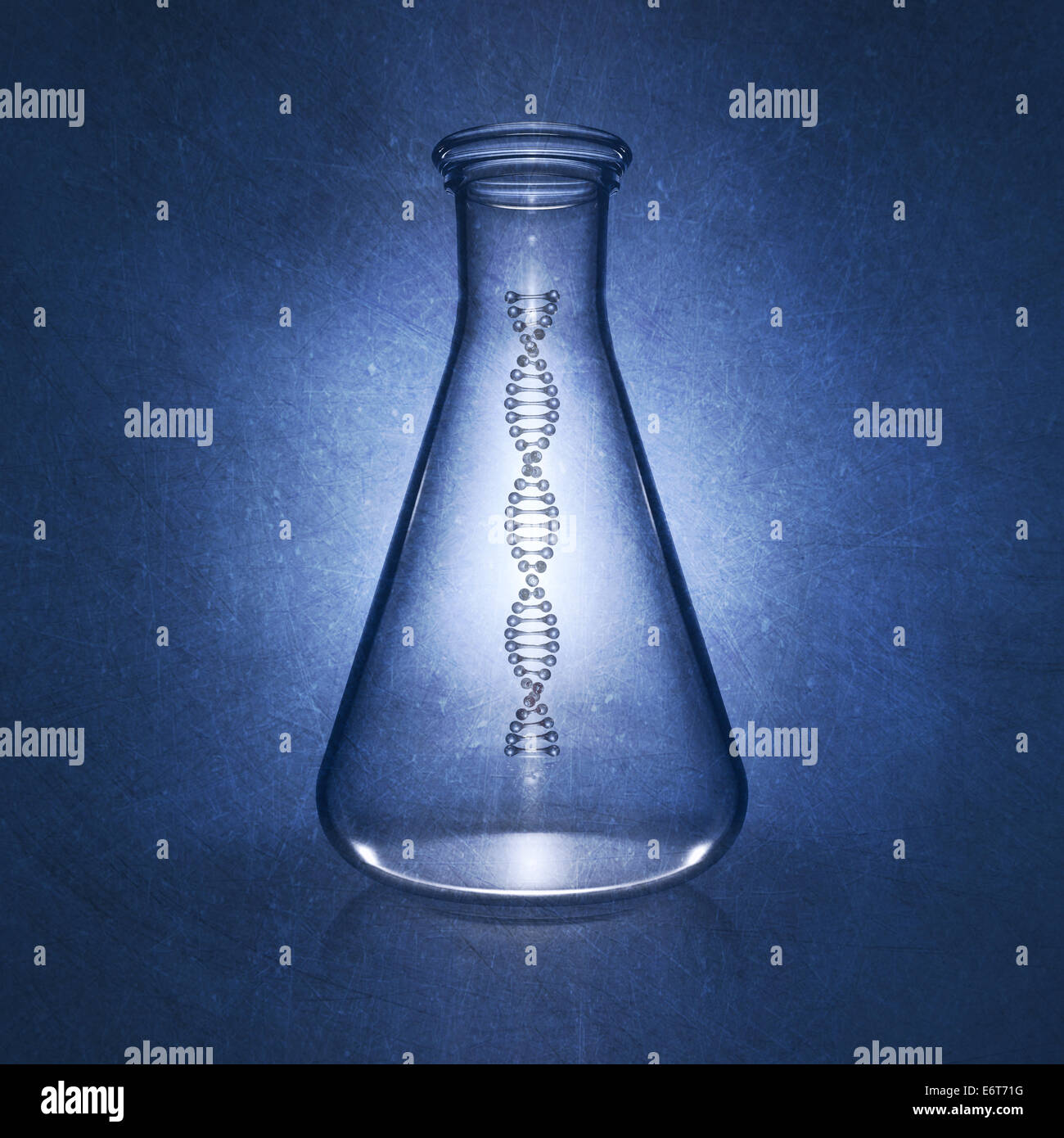 La doppia elica del DNA della molecola in pallone da laboratorio su sfondo blu , genetica , illustrazione dettagliata Foto Stock