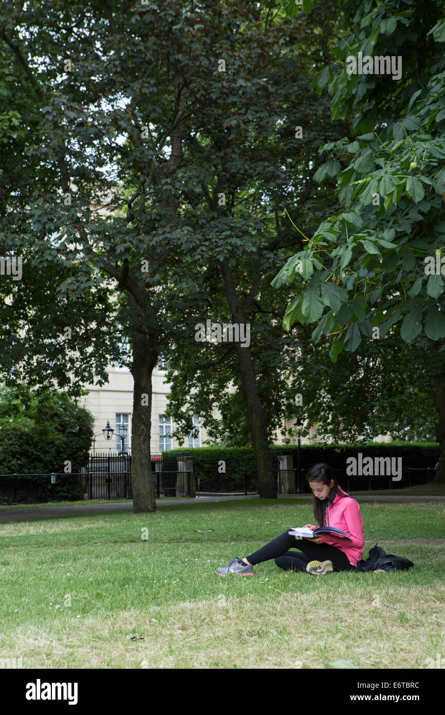 Una giovane donna leggendo un libro in Green Park, Londra Foto Stock