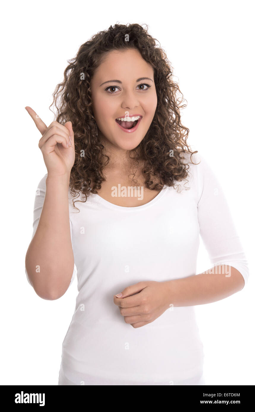 Presentazione del concetto: isolato giovane donna in bianco con l'indice su bianco. Foto Stock