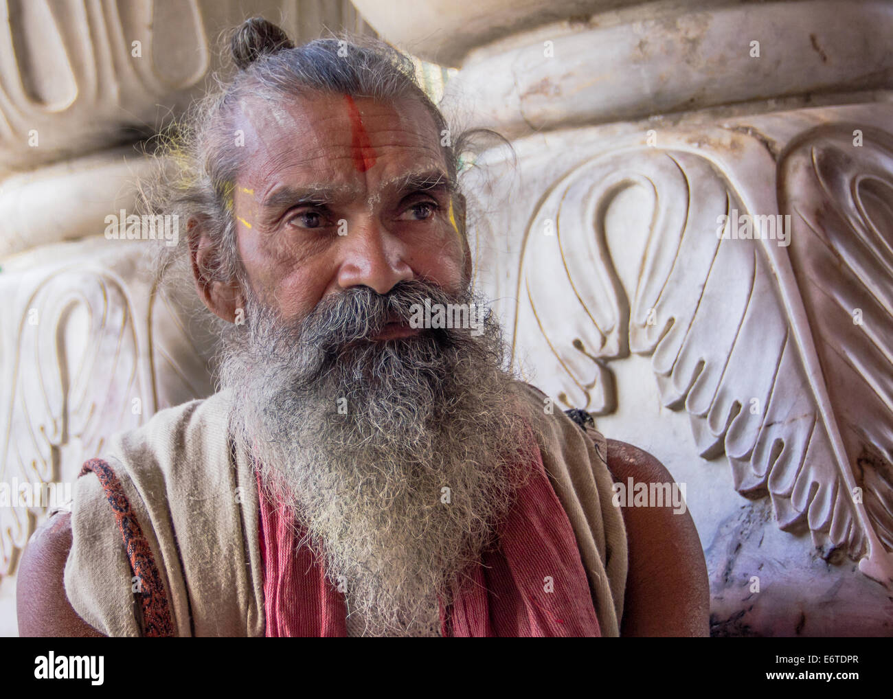 Un sadhu indù (uomo santo), con vernice tradizionale e una barba bianca, a un tempio a Jaipur, India, durante la Holi festival. Foto Stock