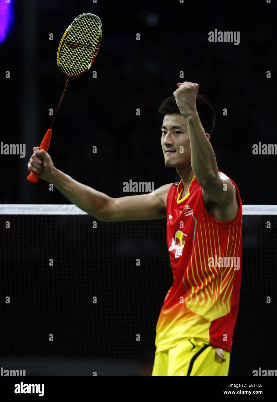 Copenhagen, Danimarca. Il 30 agosto, 2014. Chen a lungo della Cina celebra dopo la Uomini Singoli Semifinale contro Tommy Sugiarto di Indonesia il giorno 6 di Li Ning BWF Campionati del Mondo 2014 a Ballerup Super Arena di Copenhagen, Danimarca, per il 30 agosto 2014. Chen Long ha vinto 2-0. Credito: Wang Lili/Xinhua/Alamy Live News Foto Stock