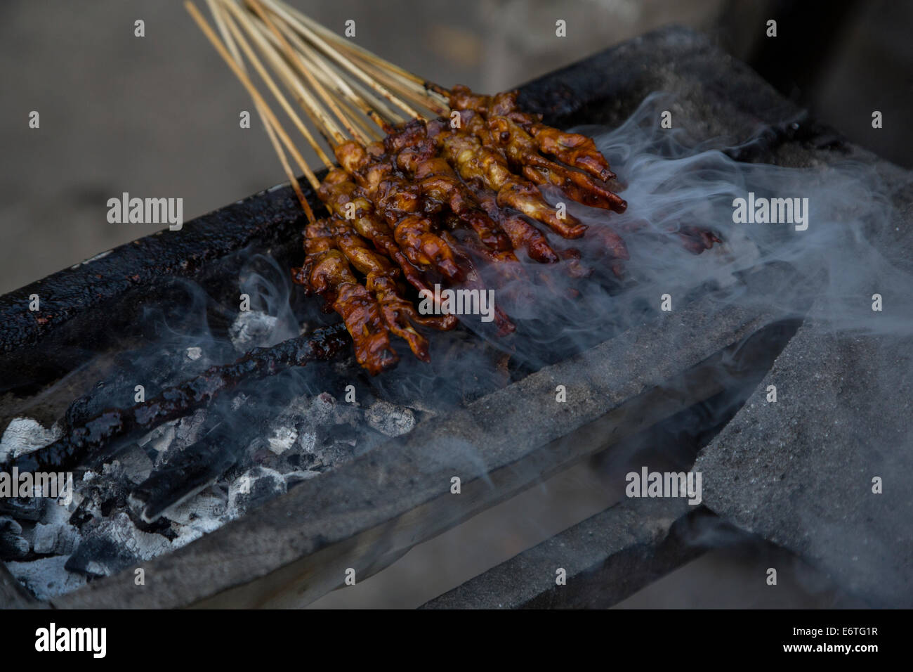 Yogyakarta, Java, Indonesia. Cucina di strada. Spiedini di pollo o pollo satay, Grill su un fuoco di carbone. Foto Stock