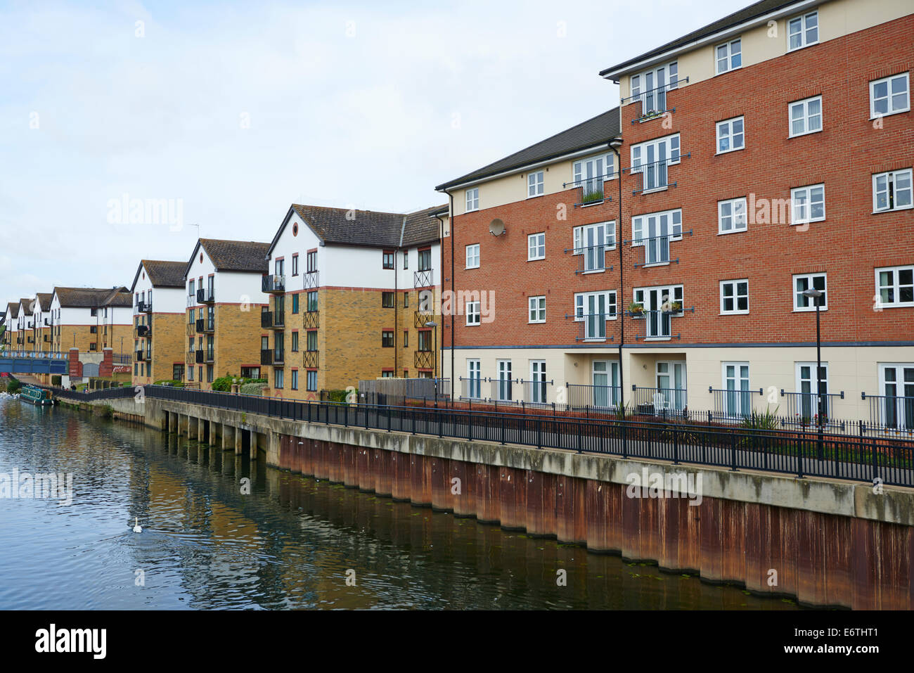 Moderni appartamenti o appartamenti a fianco del fiume Nene preso dalla città ponte Peterborough Cambridgeshire Regno Unito Foto Stock