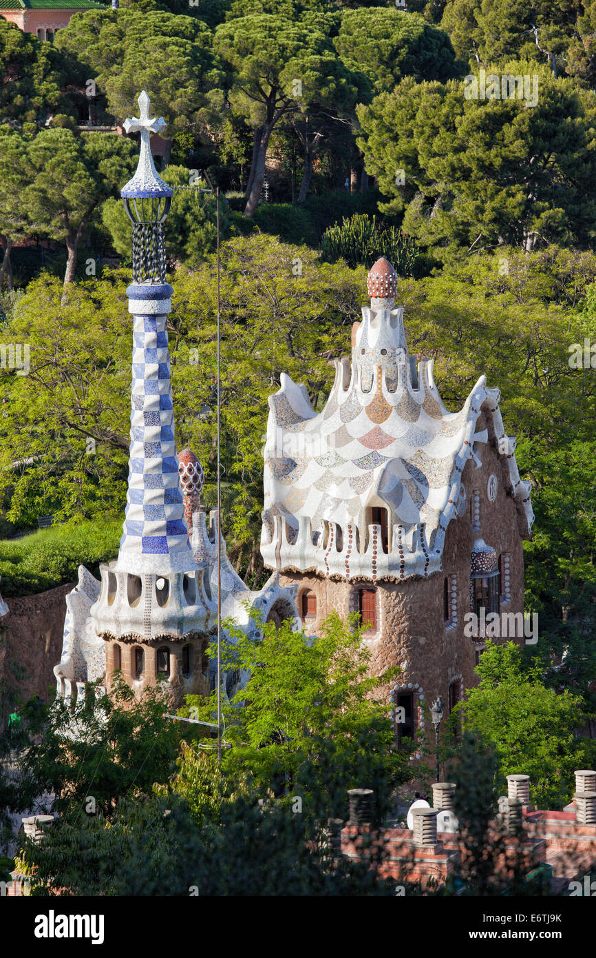 Portineria padiglioni di Antoni Gaudi nel parco Guell, Barcellona, in Catalogna, Spagna. Foto Stock