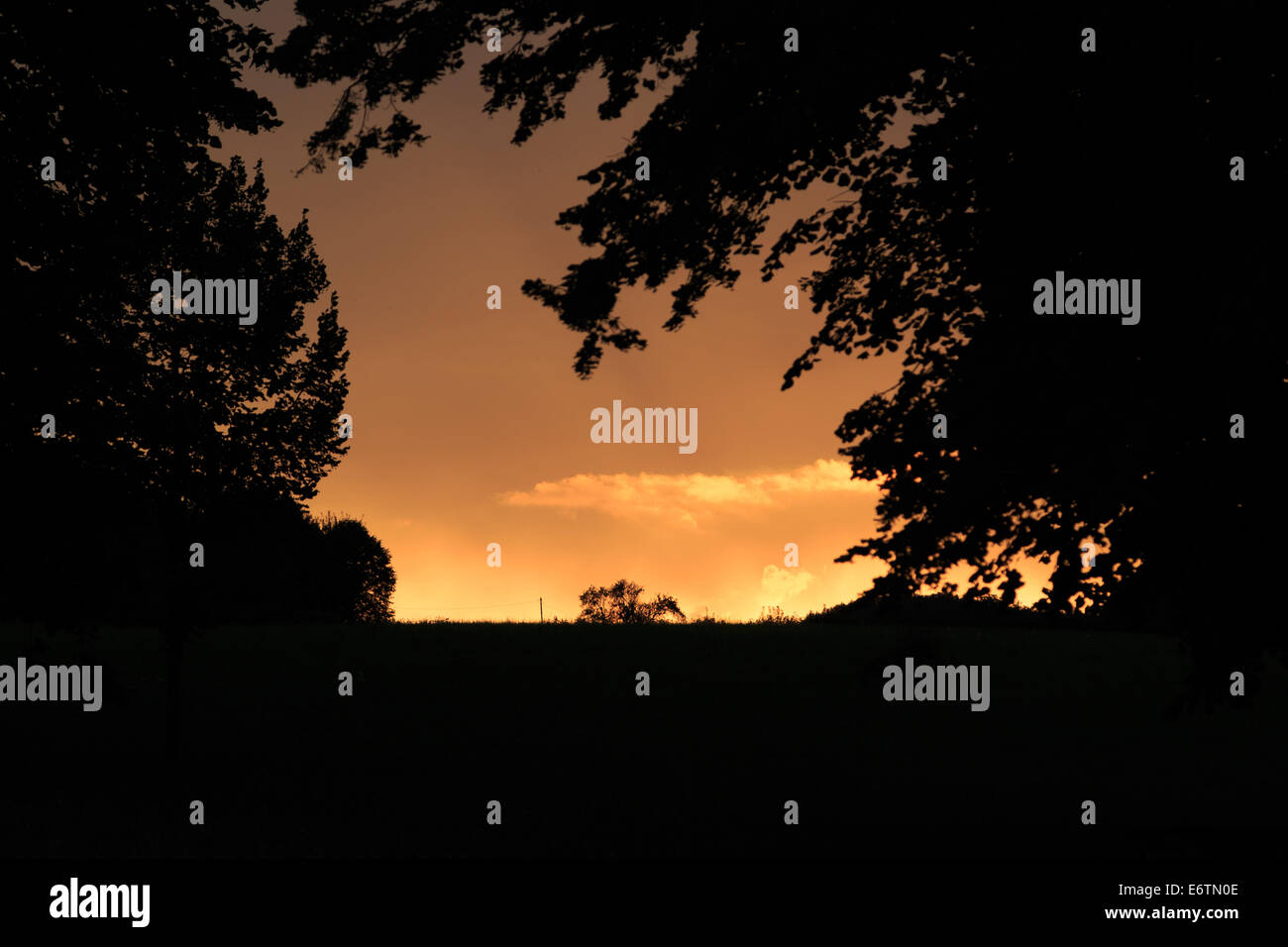 Una fotografia di alcune nuvole temporalesche essendo illuminato dal basso in arancione dal sole al tramonto, creando un effetto di Fiery. Foto Stock