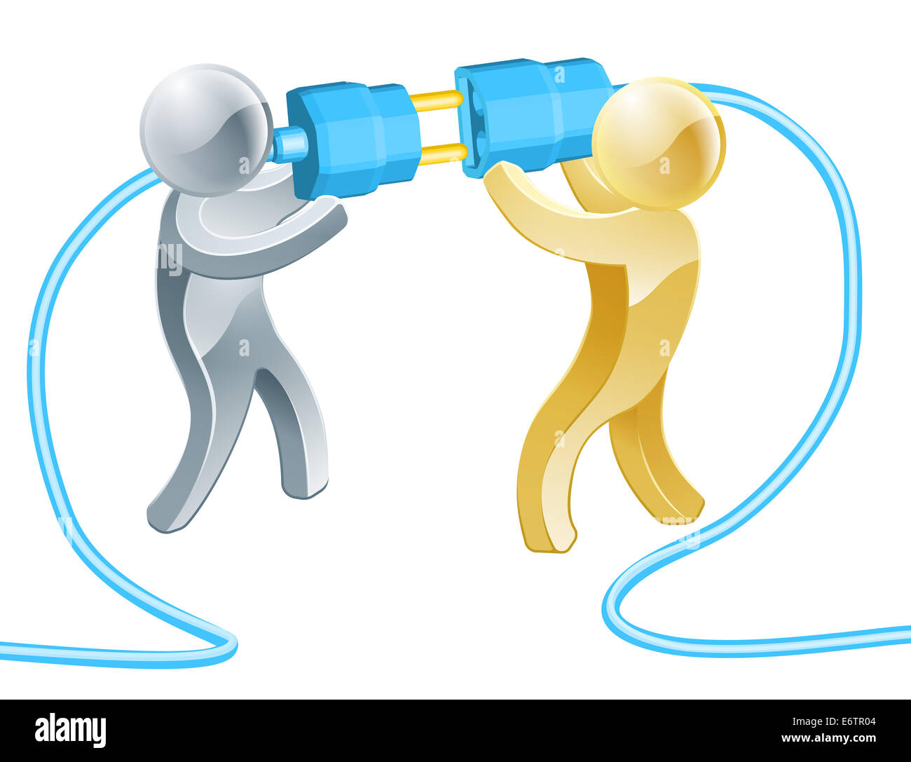 Illustrazione concettuale di due persone che si collegano un tappo gigante Foto Stock