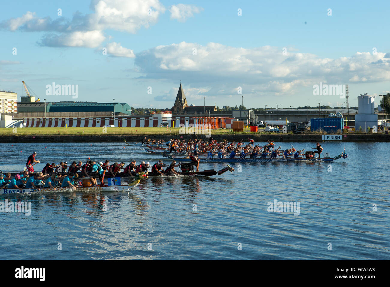Londra, Regno Unito. 31 agosto 2014. Questo finale di stagione BDA Lega Nazionale regata di dragon boat racing si è tenuto presso il London Regatta Centre, Royal Albert Dock, Londra Foto Stock