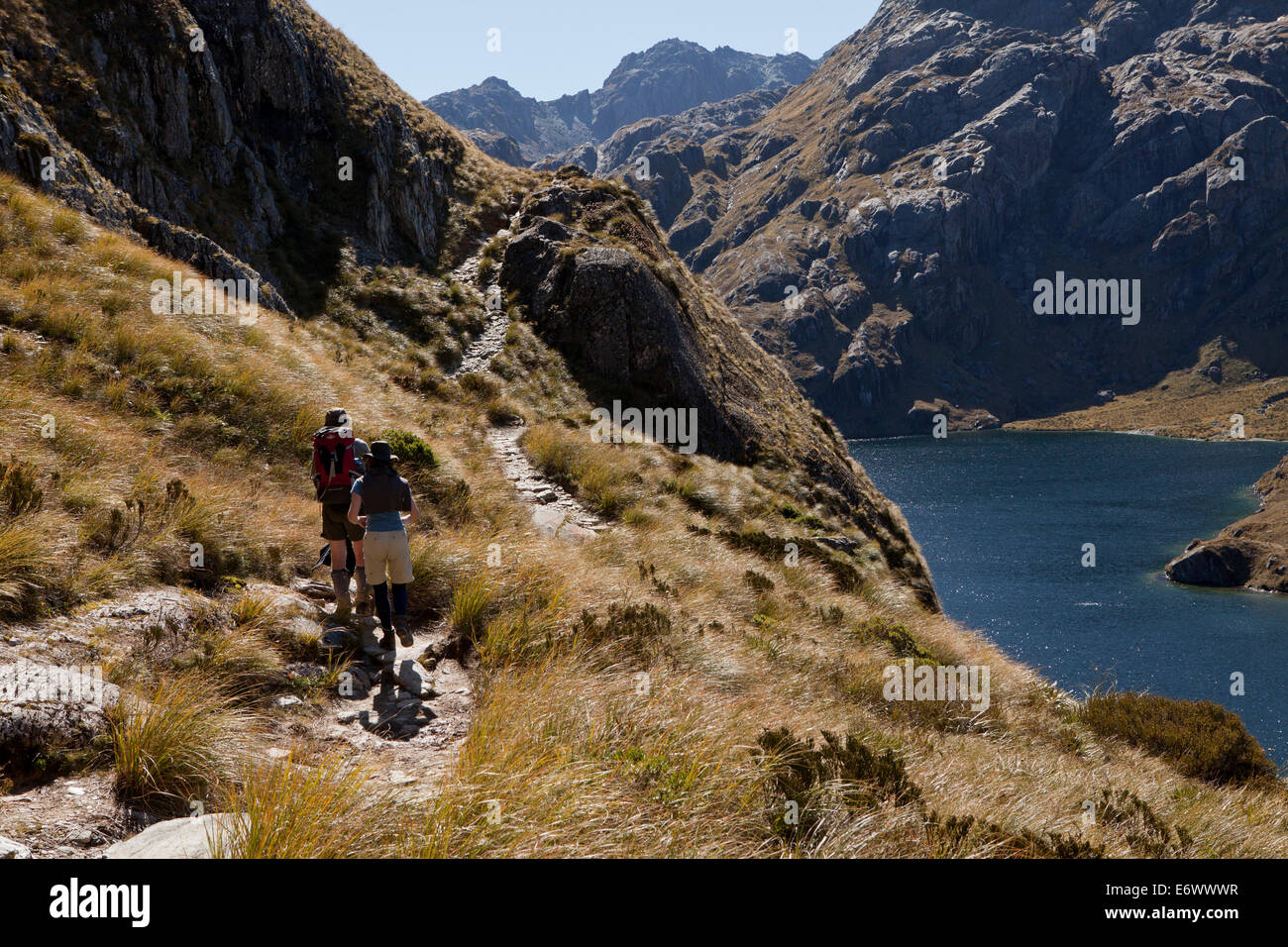 Gli escursionisti sulla Routeburn Via al Lago di Harris, passeggiata grande, montare gli aspiranti National Park, il Parco Nazionale di Fiordland, Isola del Sud, N Foto Stock