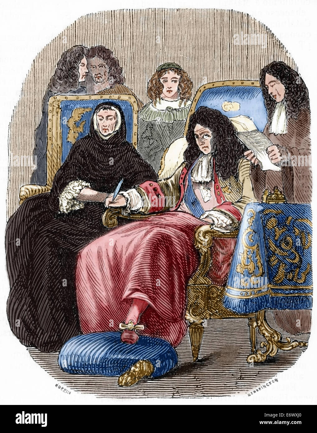 Louis XIV (1638-1715). Re di Francia. Ultimi momenti del Re Sole. Incisione di E. Coppin. Biblioteca universale, 1851. Colorati. Foto Stock
