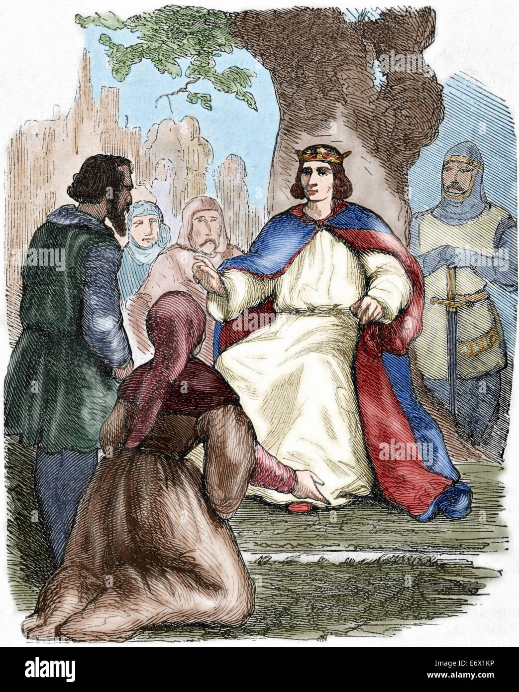 Luigi IX o Saint Louis (1214-1270). Re di Francia. St Louis amministrare la giustizia sotto un faggio. Incisione. Colorati. Foto Stock