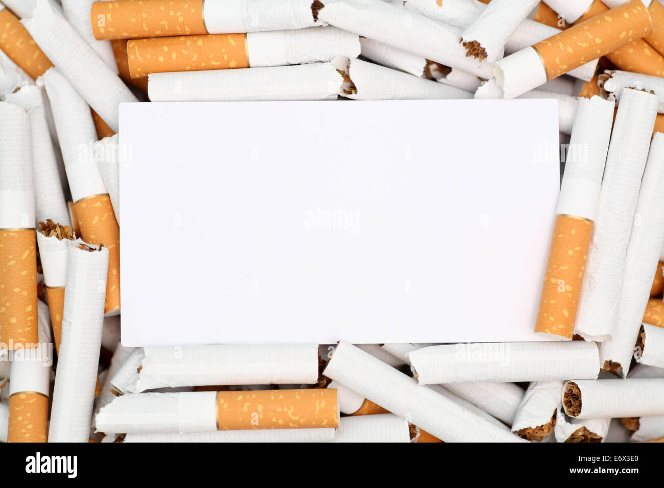 Scheda vuota sul mucchio di rotture di sigarette. Primo piano. Foto Stock