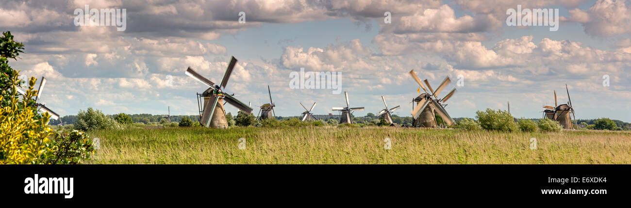 Paesi Bassi, Kinderdijk, mulini a vento Alblasserwaard polder, sito Patrimonio Mondiale dell'Unesco. Vista panoramica Foto Stock