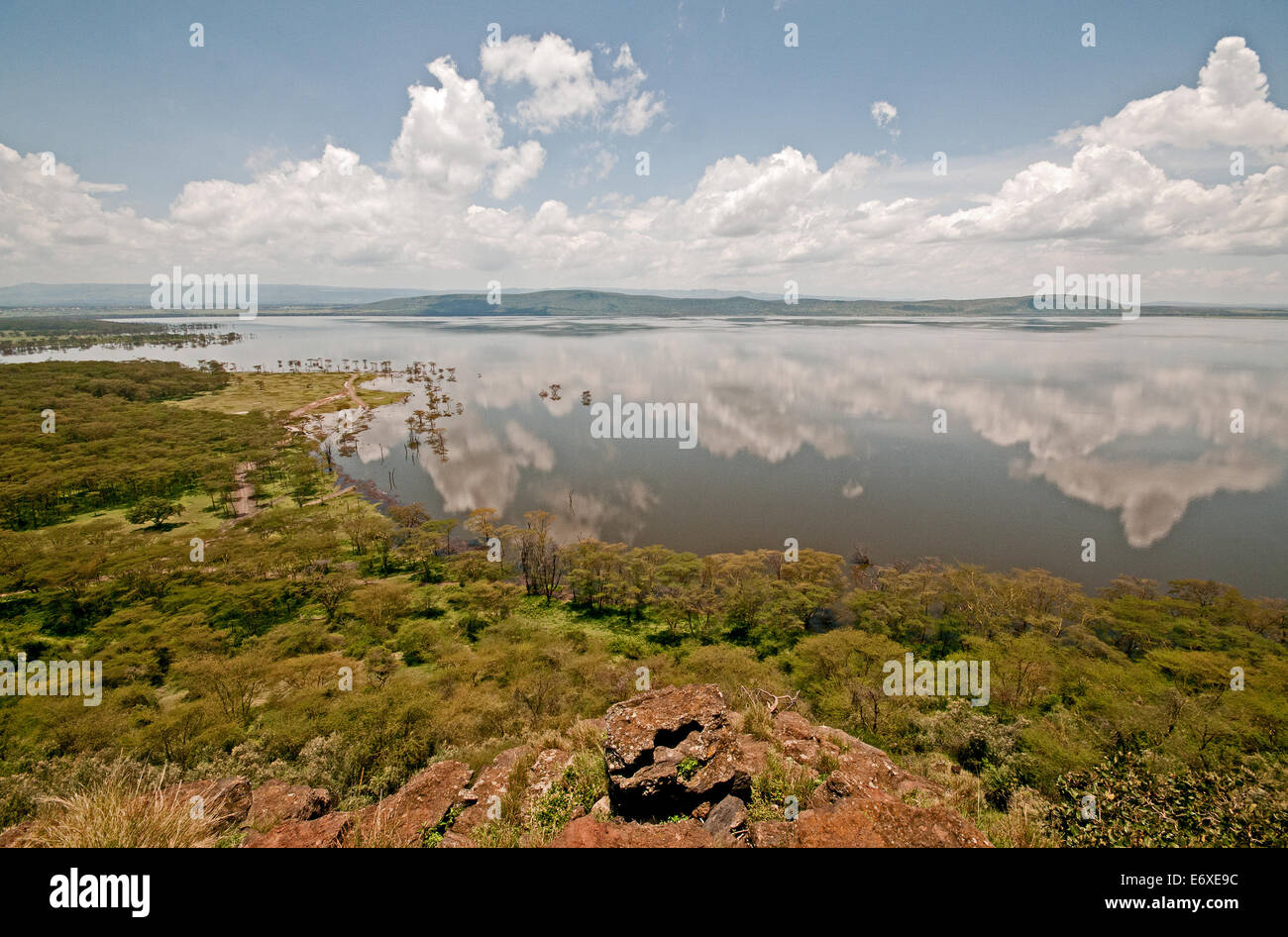 Vista panoramica di allagamento del livello alto lago Nakuru dal vertice delle scogliere di babbuino Lake Nakuru National Park Kenya Africa Orientale PANORA Foto Stock