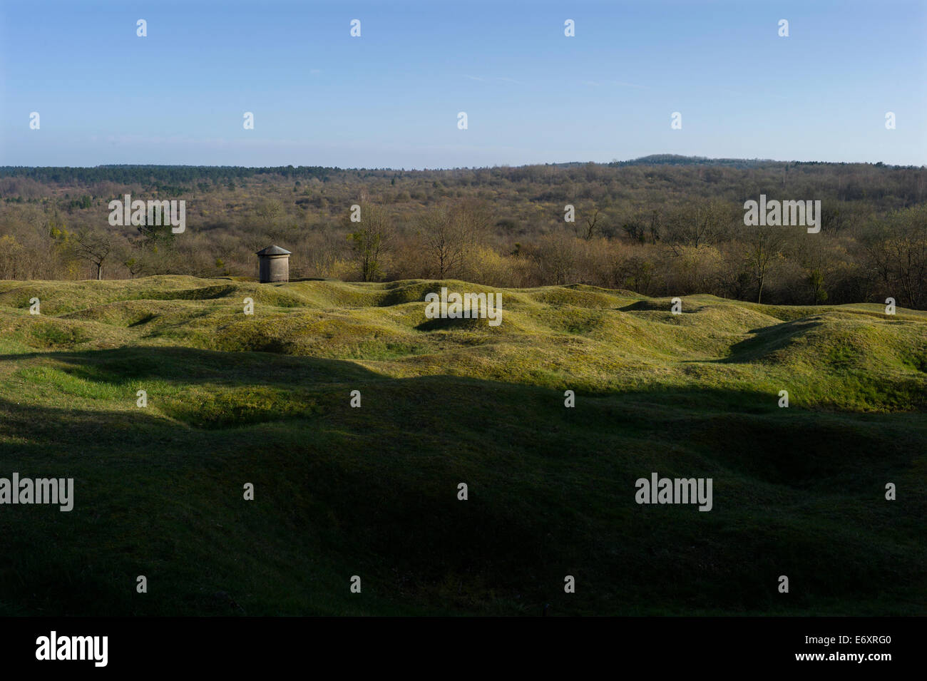 Verdun WW1 sito sul campo di battaglia di Verdun-sur-Meuse,Abri 320 in Francia. Marzo 2014 l'albero di ventilazione di Abri 320 visto sopra il guscio Foto Stock