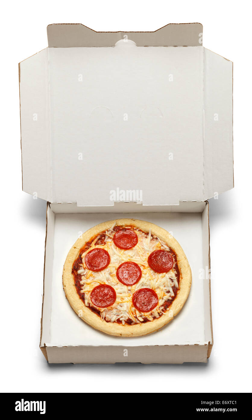 Piccola Pizza in bianco scatola di cartone isolati su sfondo bianco. Foto Stock