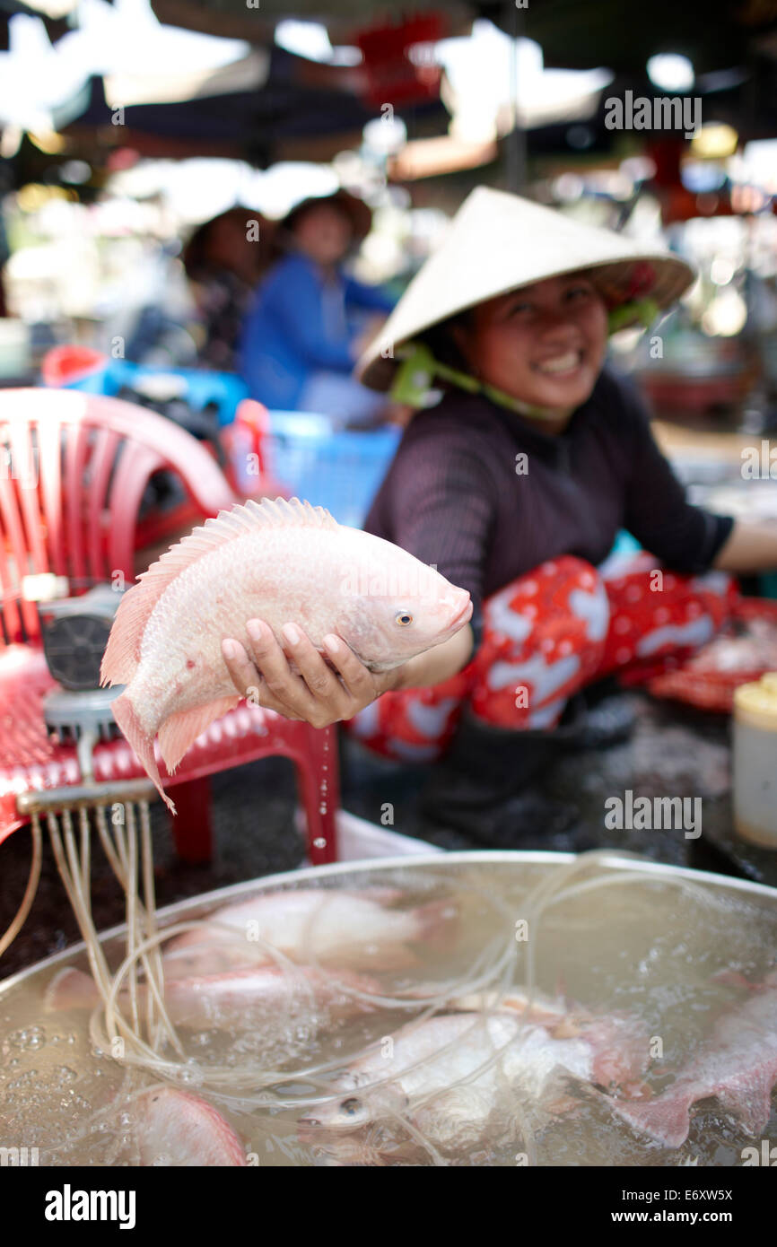 Donna che offre pesce fresco sul mercato, Sa Dec, Dong Thap, Vietnam Foto Stock