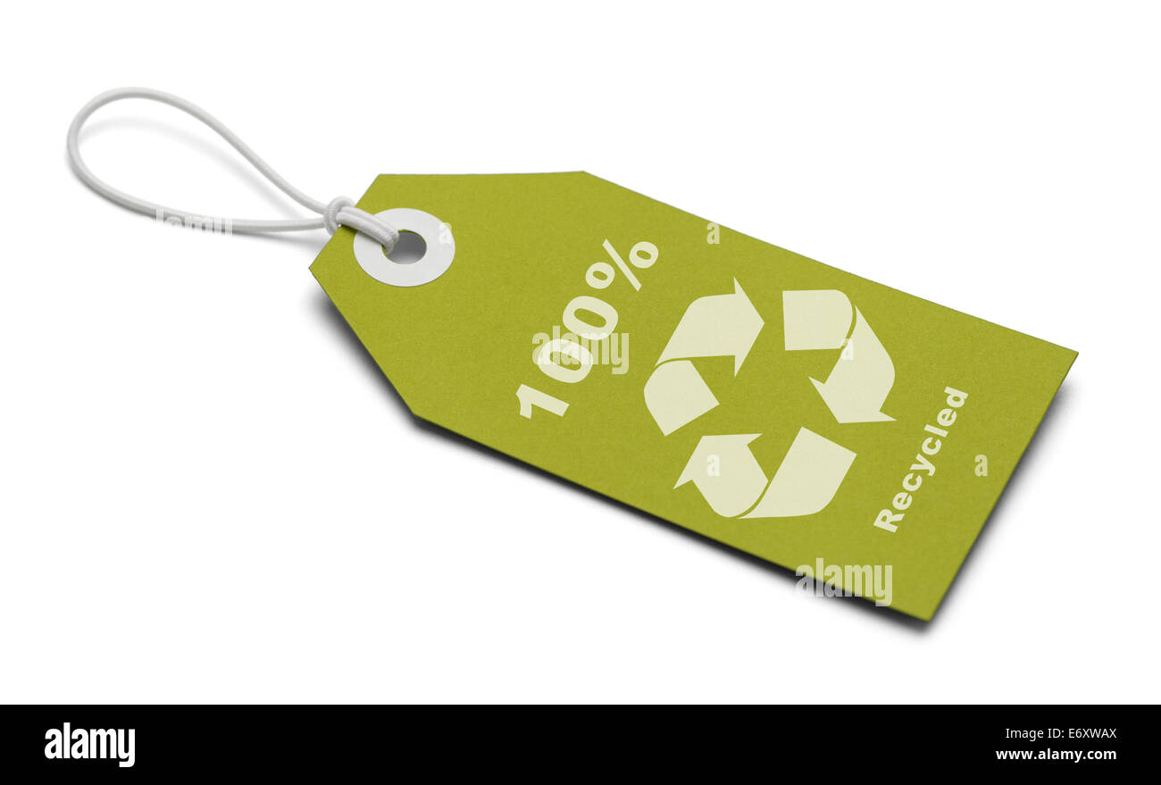 Etichetta verde con il simbolo di riciclaggio isolati su sfondo bianco. Foto Stock