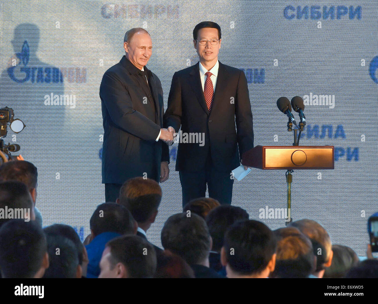 Yakutsk, Russia. Il 1° settembre 2014. Chinese Vice Premier Zhang Jaili (R) e il Presidente russo Vladimir Putin assistere ad un inizio di cerimonia di costruzione della parte russa di China-Russia Est conduttura di gas naturale in Yakutsk, città capitale della repubblica Saha-Yakutia, Russia, Sett. 1, 2014. Credito: Xinhua/Alamy Live News Foto Stock