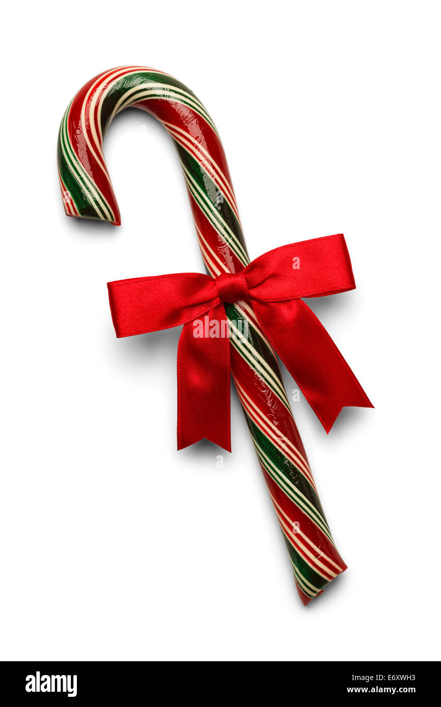 Candy Cane con Rosso, strisce verdi e bianche e fiocco rosso isolato su sfondo bianco. Foto Stock