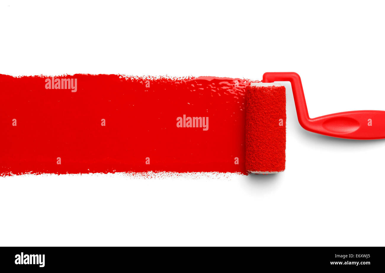 Vernice plastica rullo con vernice rossa isolato su sfondo bianco. Foto Stock