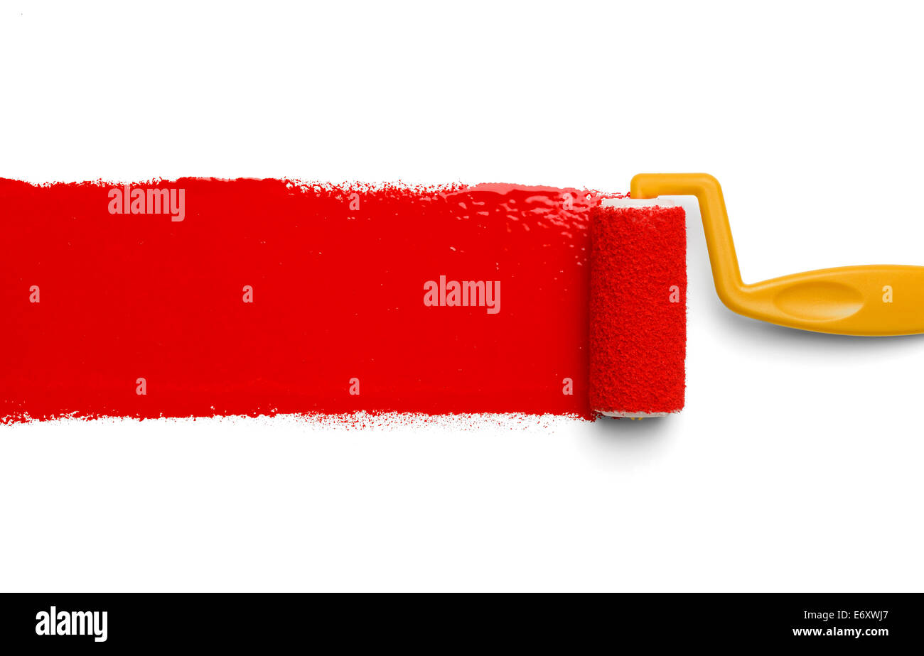Giallo in plastica a rullo con vernice rossa isolato su sfondo bianco. Foto Stock