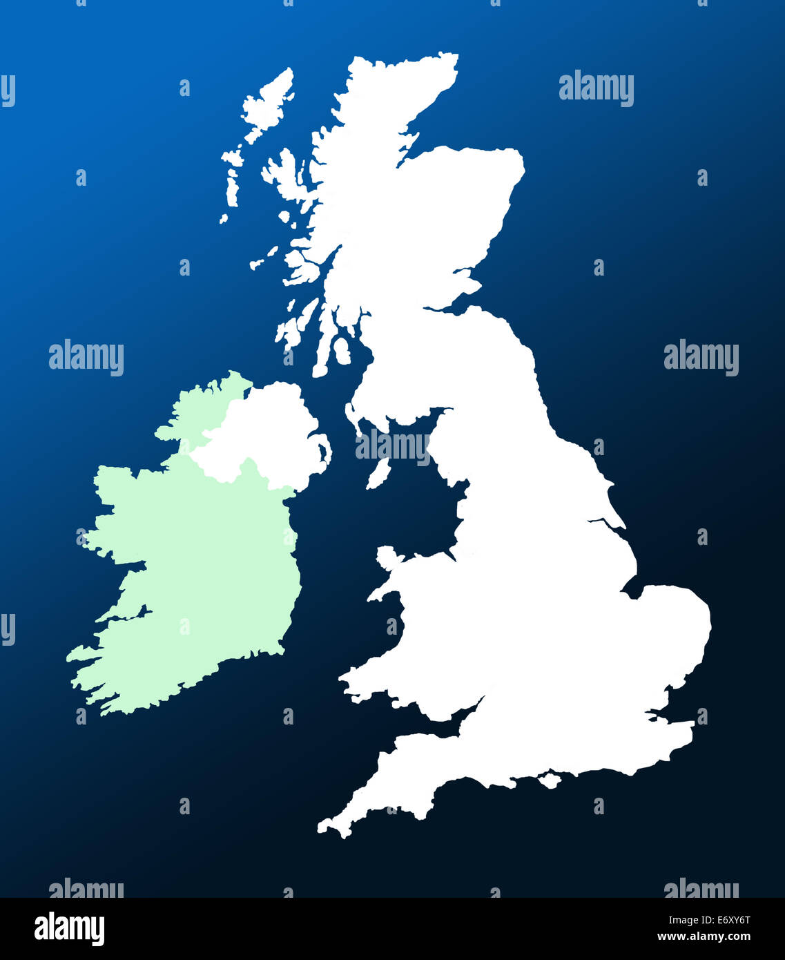Mappa di contorno di Regno Unito e Irlanda graduata su sfondo blu Foto Stock