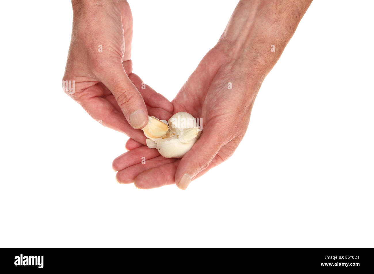 Coppia di mani peeling uno spicchio di aglio isolata contro bianco Foto Stock