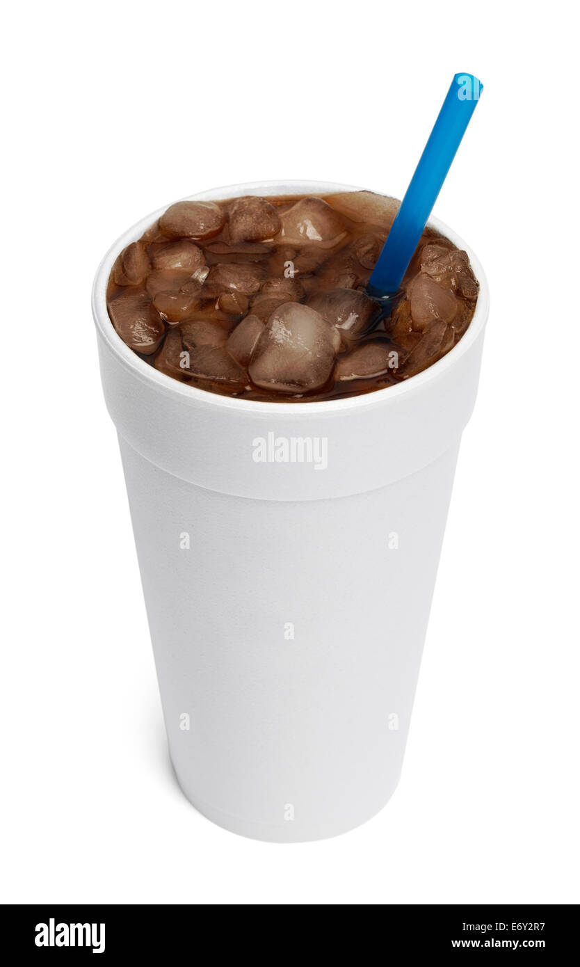La caffeina Soda Drink con tazza bianca e blu paglia isolati su sfondo bianco. Foto Stock