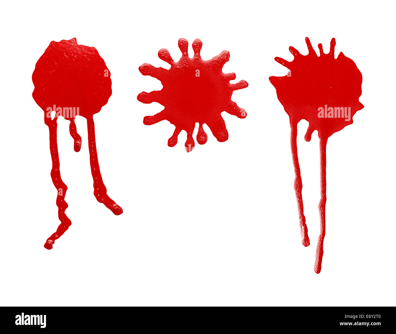 Rosso Vernice spray Blob Splatter gocciolamento isolati su sfondo bianco. Foto Stock