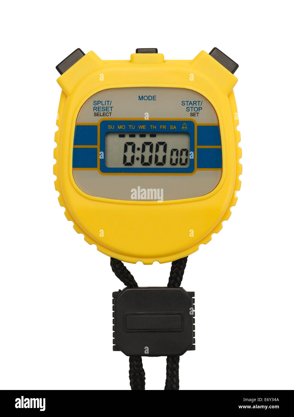 In plastica gialla Cronometro con copia spazio isolato su sfondo bianco. Foto Stock