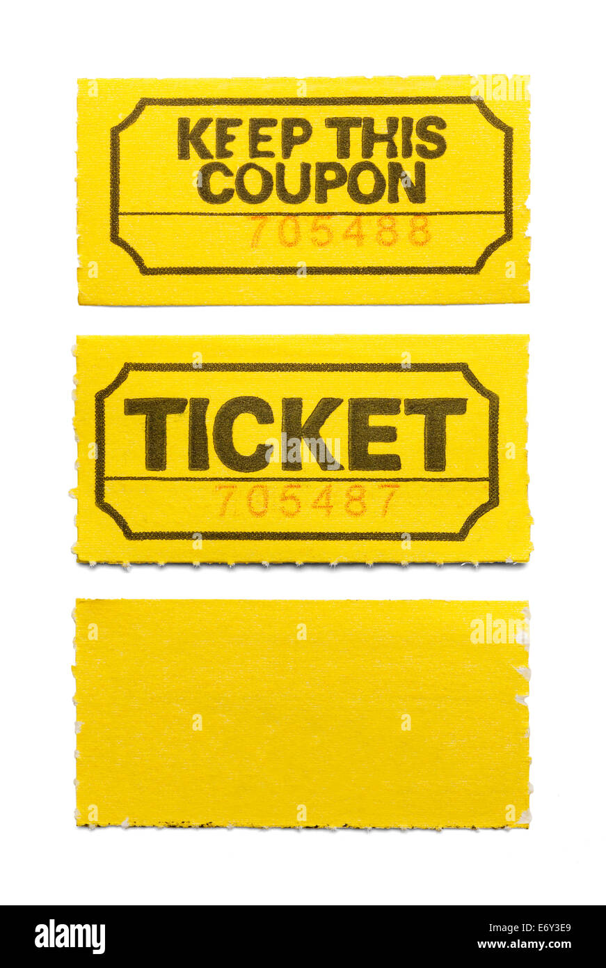 Biglietto giallo e Coupon isolati su sfondo bianco. Foto Stock