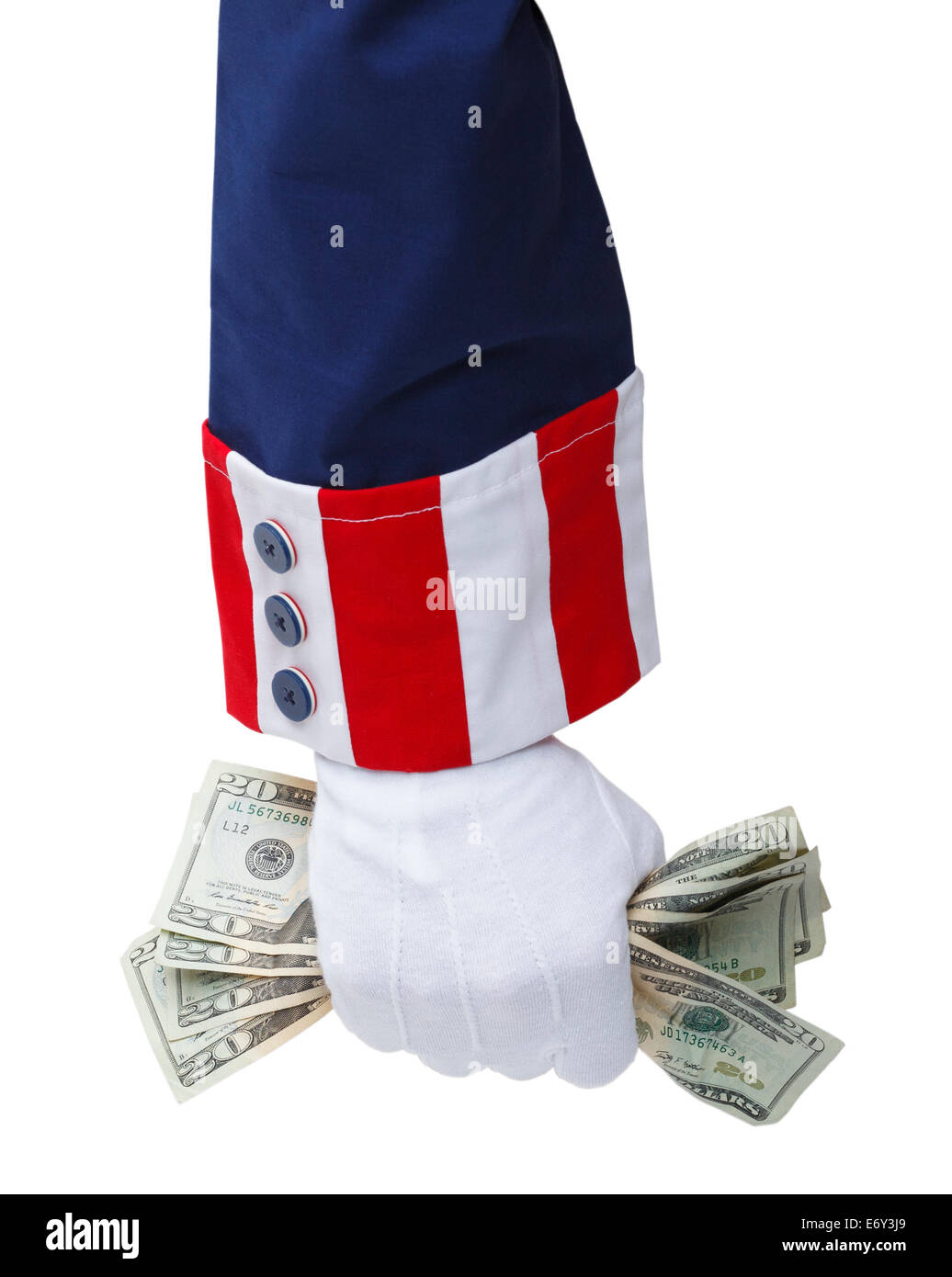 Bianco rosso e blu lo zio Sam tuta con mano afferrando i contanti. Foto Stock