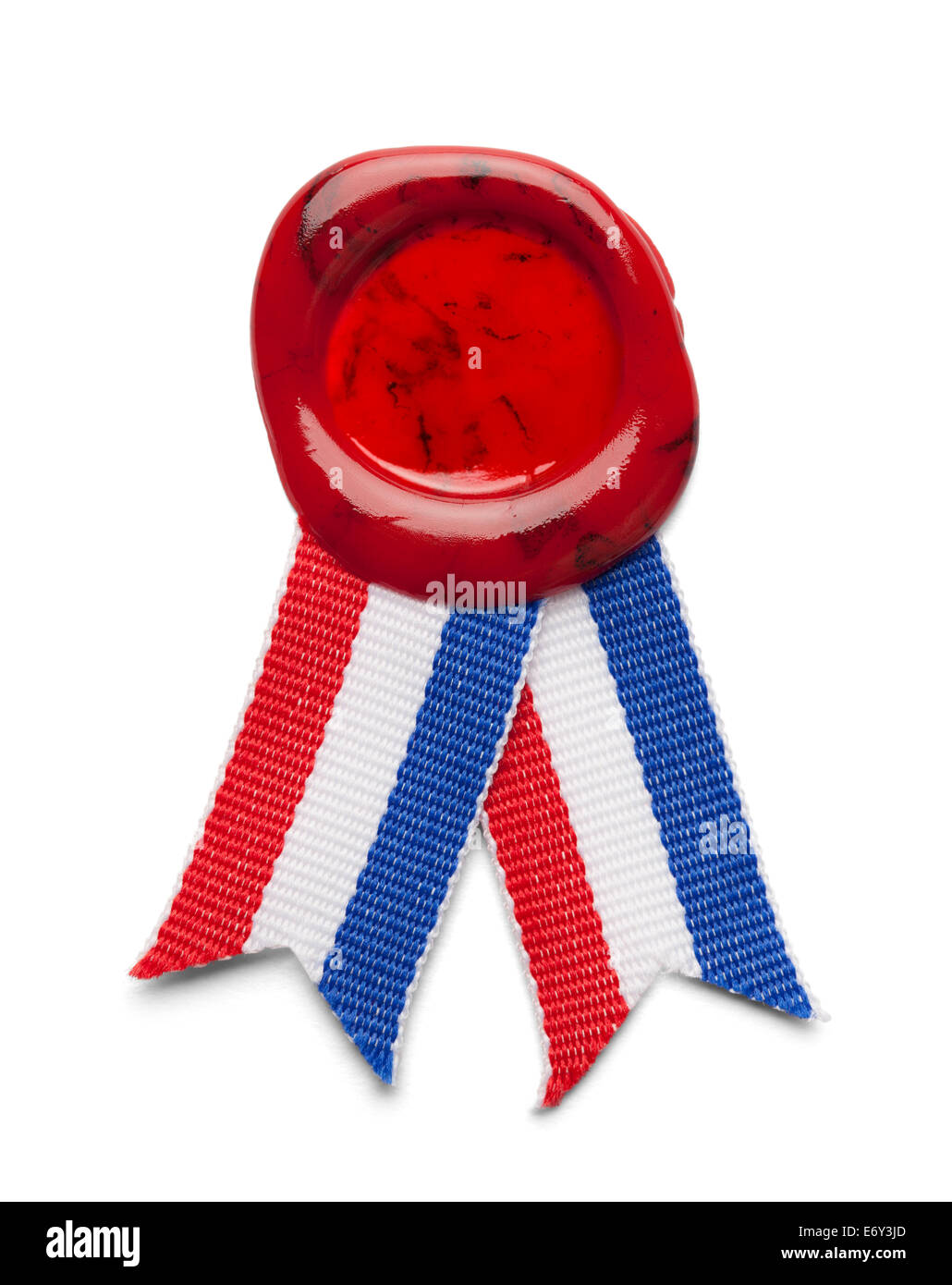 Sigillo di cera rossa con nastro americano isolato su sfondo bianco. Foto Stock