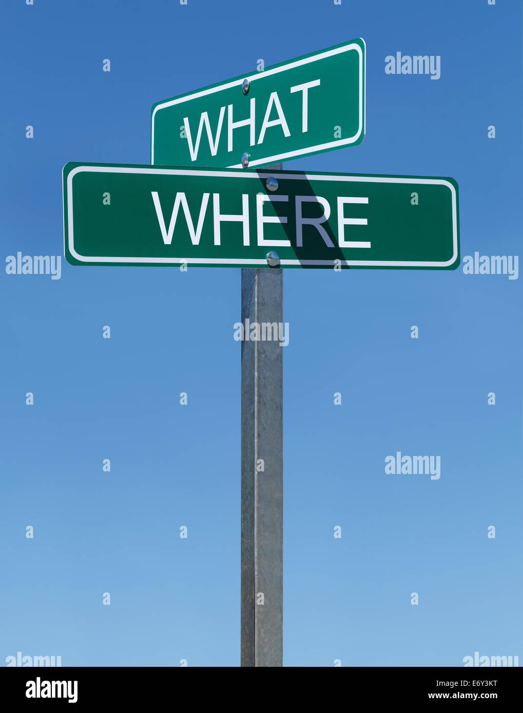 Cosa dove le indicazioni stradali sul palo metallico con cielo blu sullo sfondo. Foto Stock