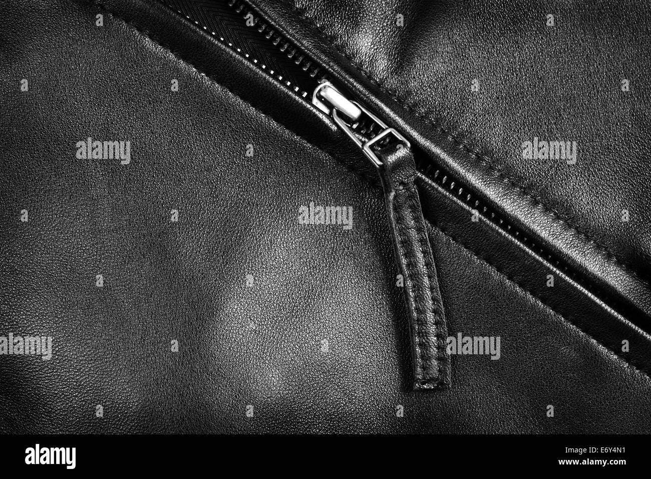 Trama profonda giacca di pelle con chiusura lampo argento Foto Stock